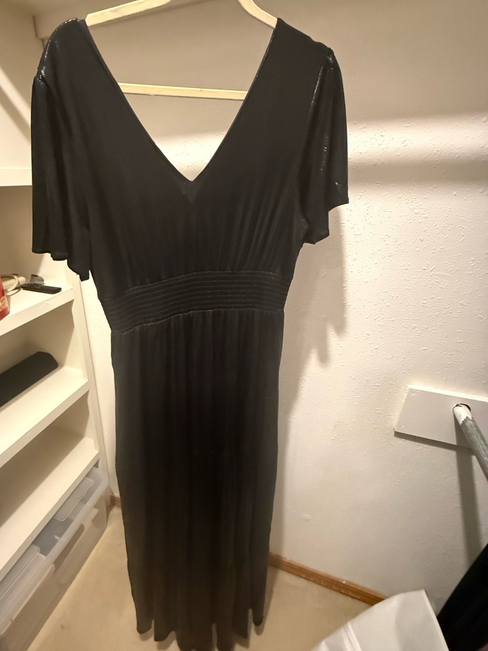 Baltic Born Black Shimmer V-Neck Flutter Sleeve Maxi Dress